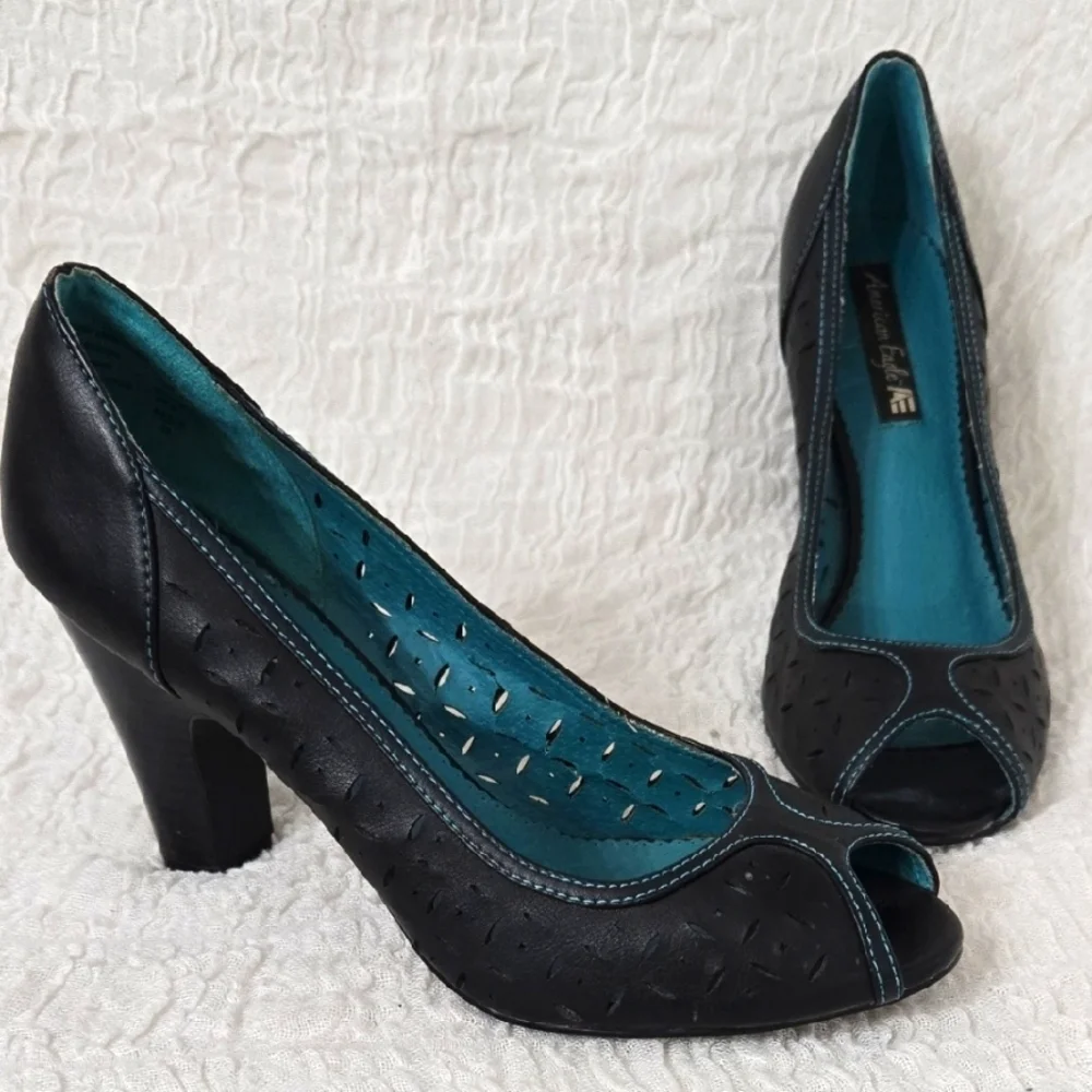Women's Black Sz 9.5 High Heels pumps cut‎ out design Peep Toe Officecore